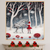 Enchanted Christmas Zebra Ice Skating Print – Whimsical Winter Art with Girl in Red Dress, Snowy Forest Holiday Decor, Fantasy Animal Illustration on Ready to Hang 1.5" Thick Canvas Wrap, Floating Framed Canvas, Flat Rolled Canvas